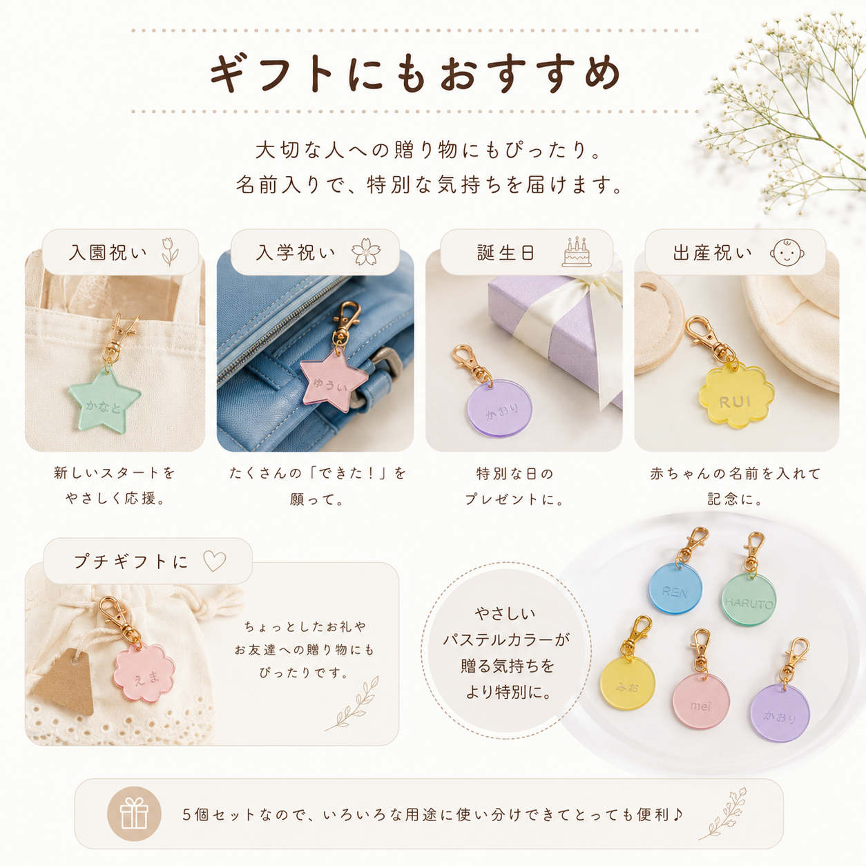 【名入れ】Candy Drops（キャンディドロップス）｜25mm ネームタグ 5個セット アクリル キーホルダー カニカン付き 選べる3シェイプ